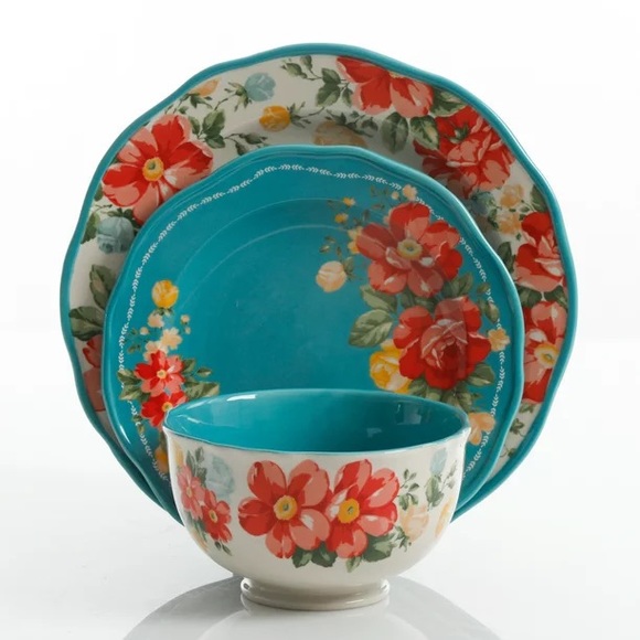 2018 🌺 New The Pioneer Woman Vintage Floral 12-Piece Dinnerware Set, Teal Blue - Picture 4 of 5
